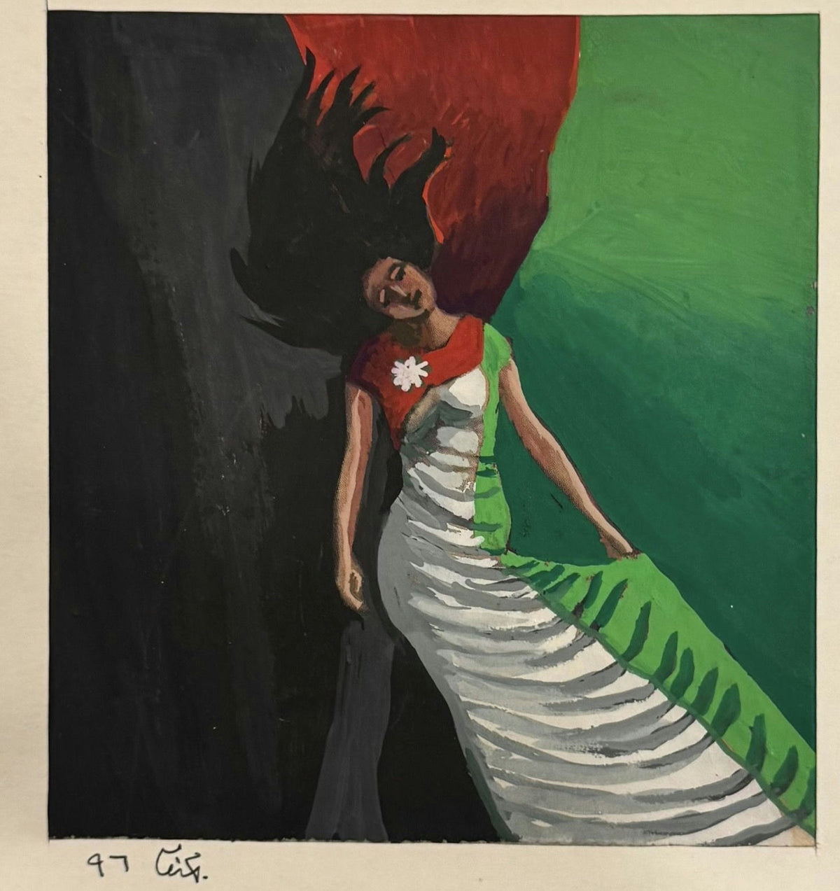Original Watercolor 'Woman with Red Hair on Green Background' by Mohammad Bushnaq