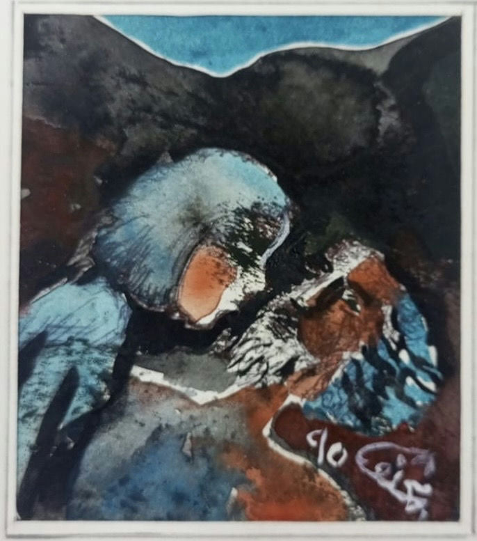 Original Watercolor 'Helmeted Figure Over Fallen Person' by Mohammad Bushnaq