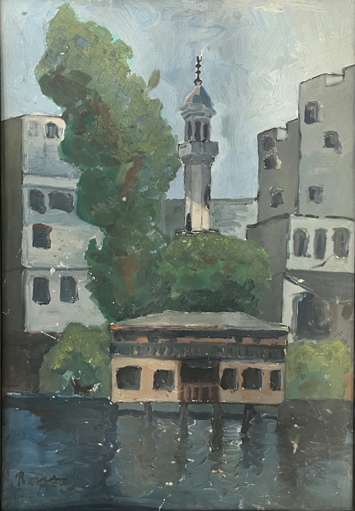Original Oil 'Mosque Minaret by the River' by Rasoul Alwan