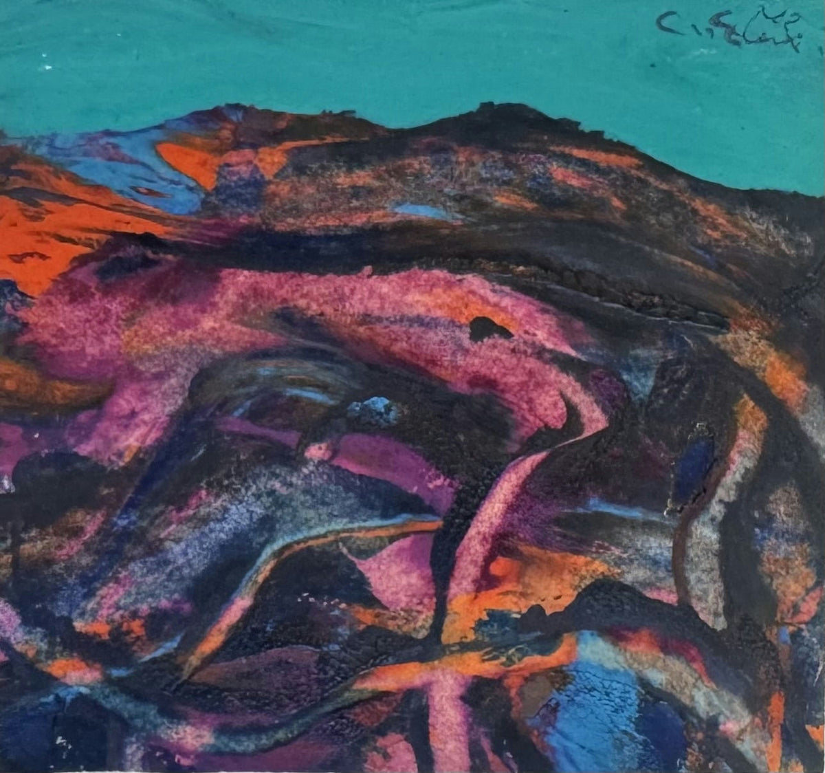 Original Acrylic 'Dark Rocky Landscape with Teal Sky' by Mohammad Bushnaq