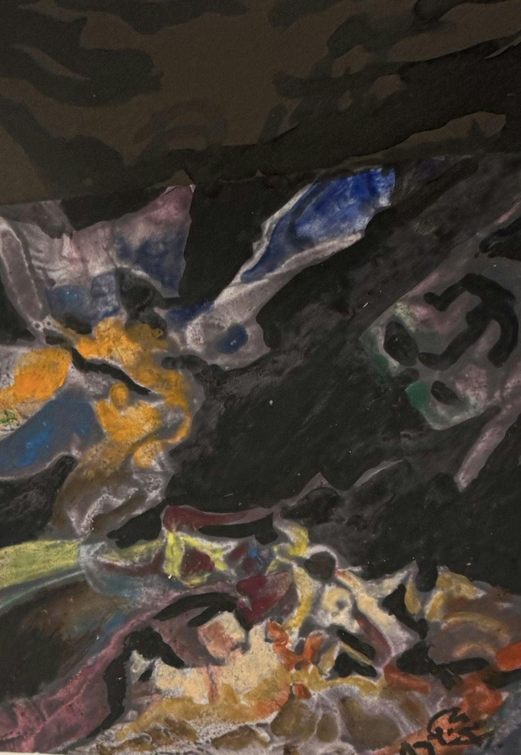 Original Oil 'Dark Abstract Composition with Color Fragments' by Mohammad Bushnaq