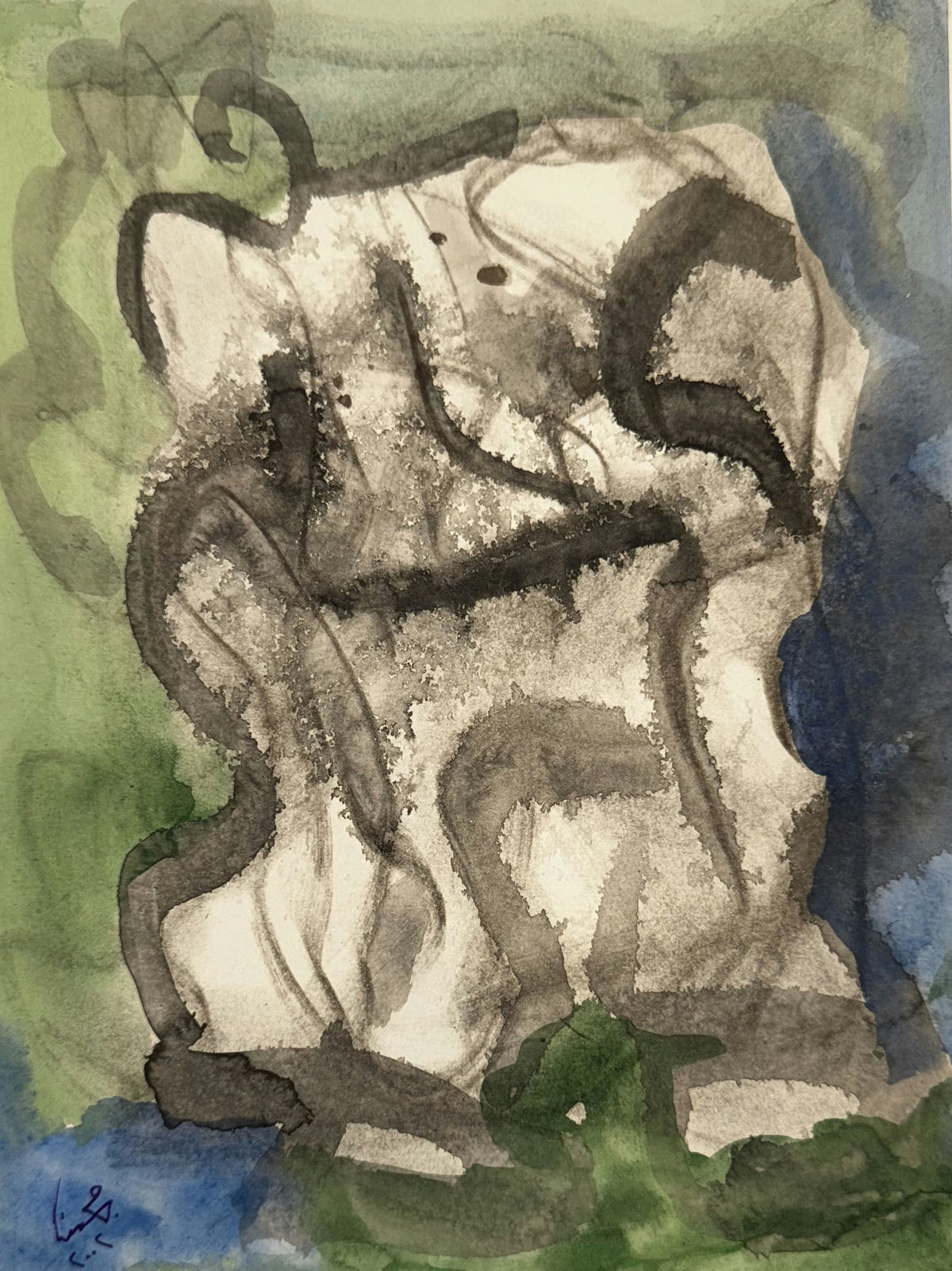 Original Mixed media 'Abstract Form in Green and Blue' by Mohammad Bushnaq