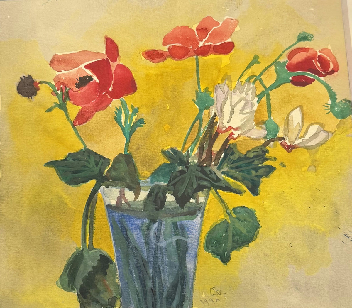 Original Mixed media 'Red and White Flowers in Blue Vase' by Mohammad Bushnaq