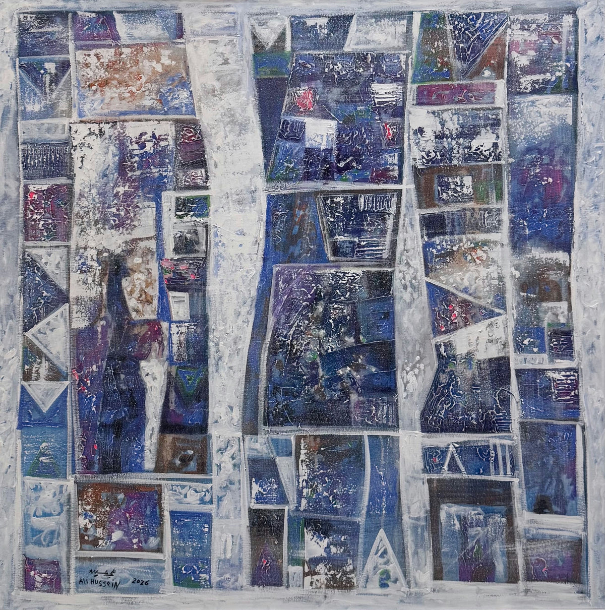 Original Acrylic 'Blue and White Abstract Urban Grid' by Ali Hussein