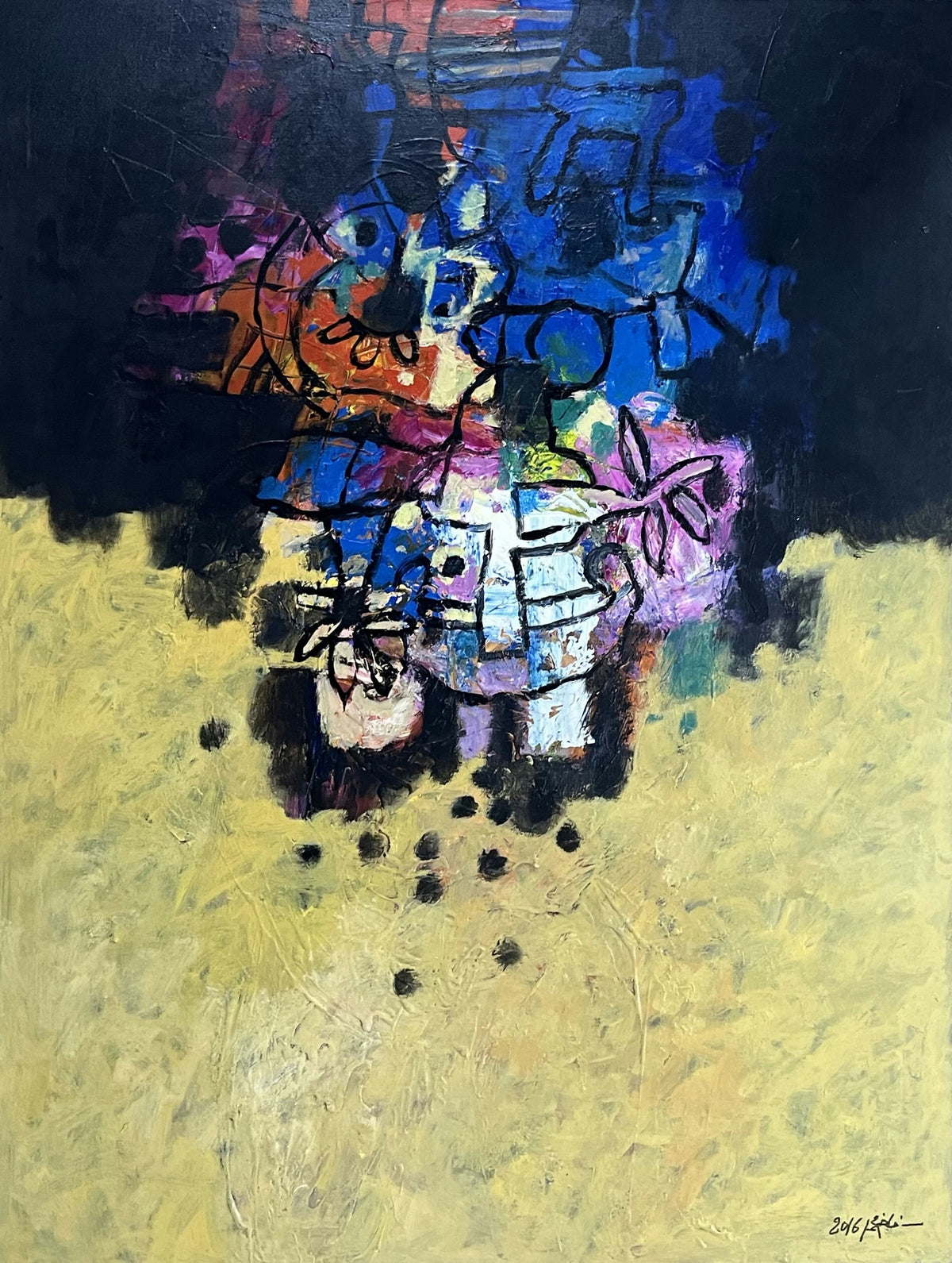 Original Acrylic 'Abstract Forms on Black and Yellow' by Fakher Mohammed