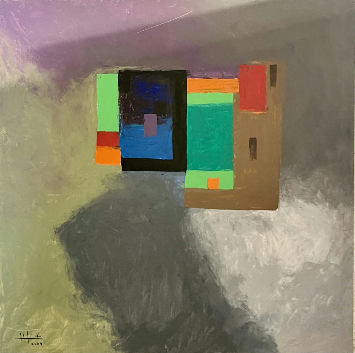 Original Acrylic 'Geometric Color Blocks on Grey Ground' by Ghassan Abulaban