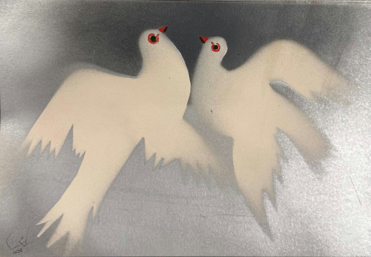 Original Mixed media 'Two White Doves in Flight' by Mohammad Bushnaq