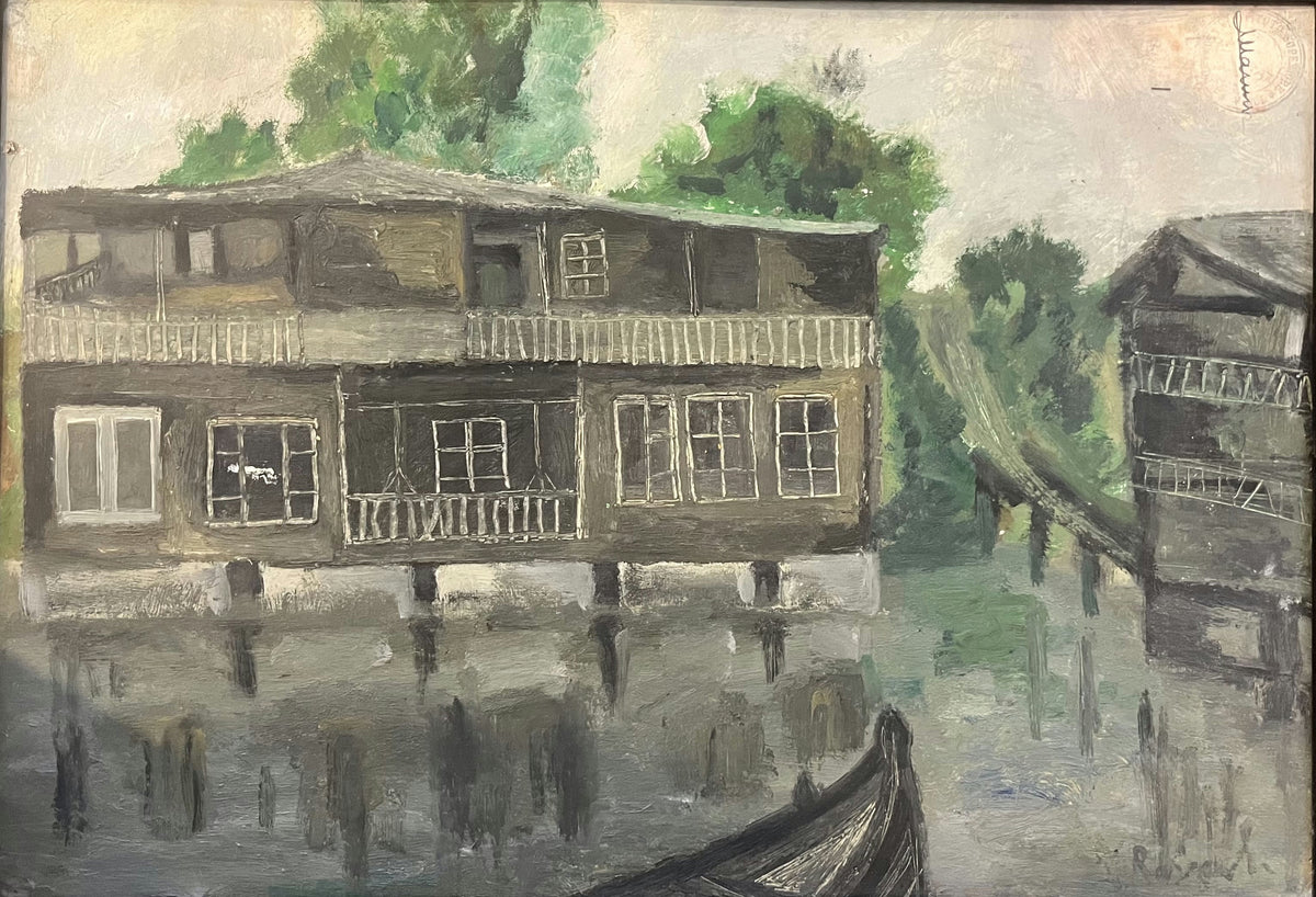 Original Oil 'Wooden House on Water with Boat' by Rasoul Alwan