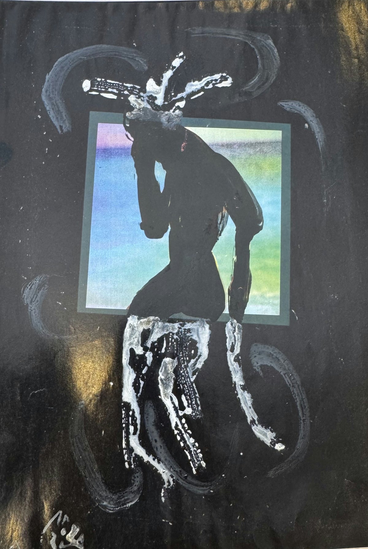 Original Mixed media 'Dark Figure Against Colorful Window' by Mohammad Bushnaq