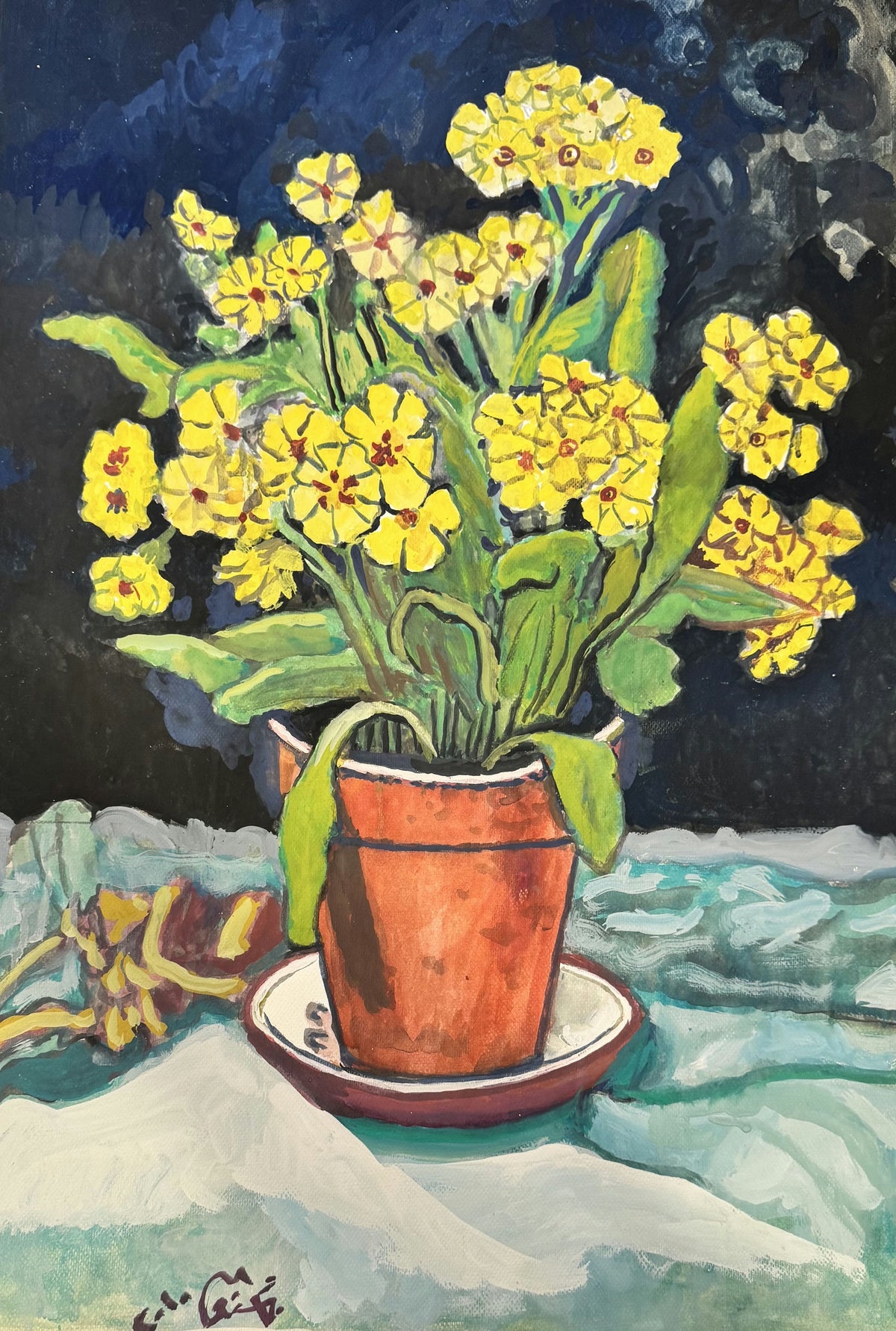 Original Mixed media 'Yellow Flowers in Terra Cotta Pot' by Mohammad Bushnaq