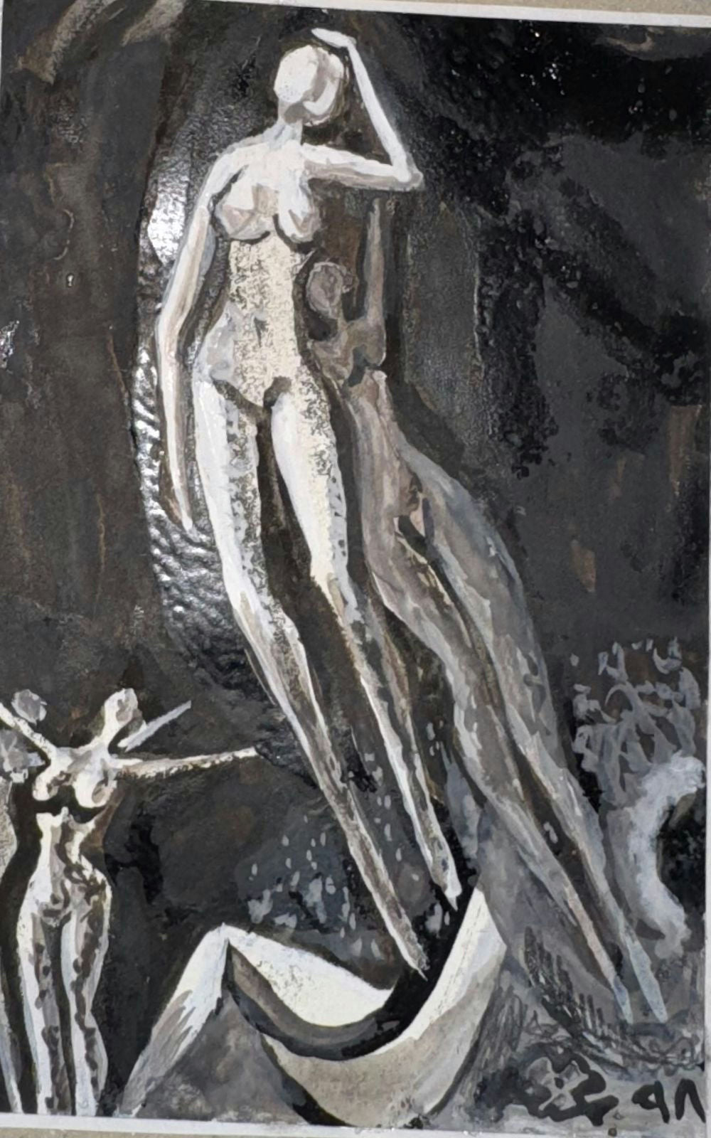 Original Mixed media 'Standing Female Figure Dark Background' by Mohammad Bushnaq