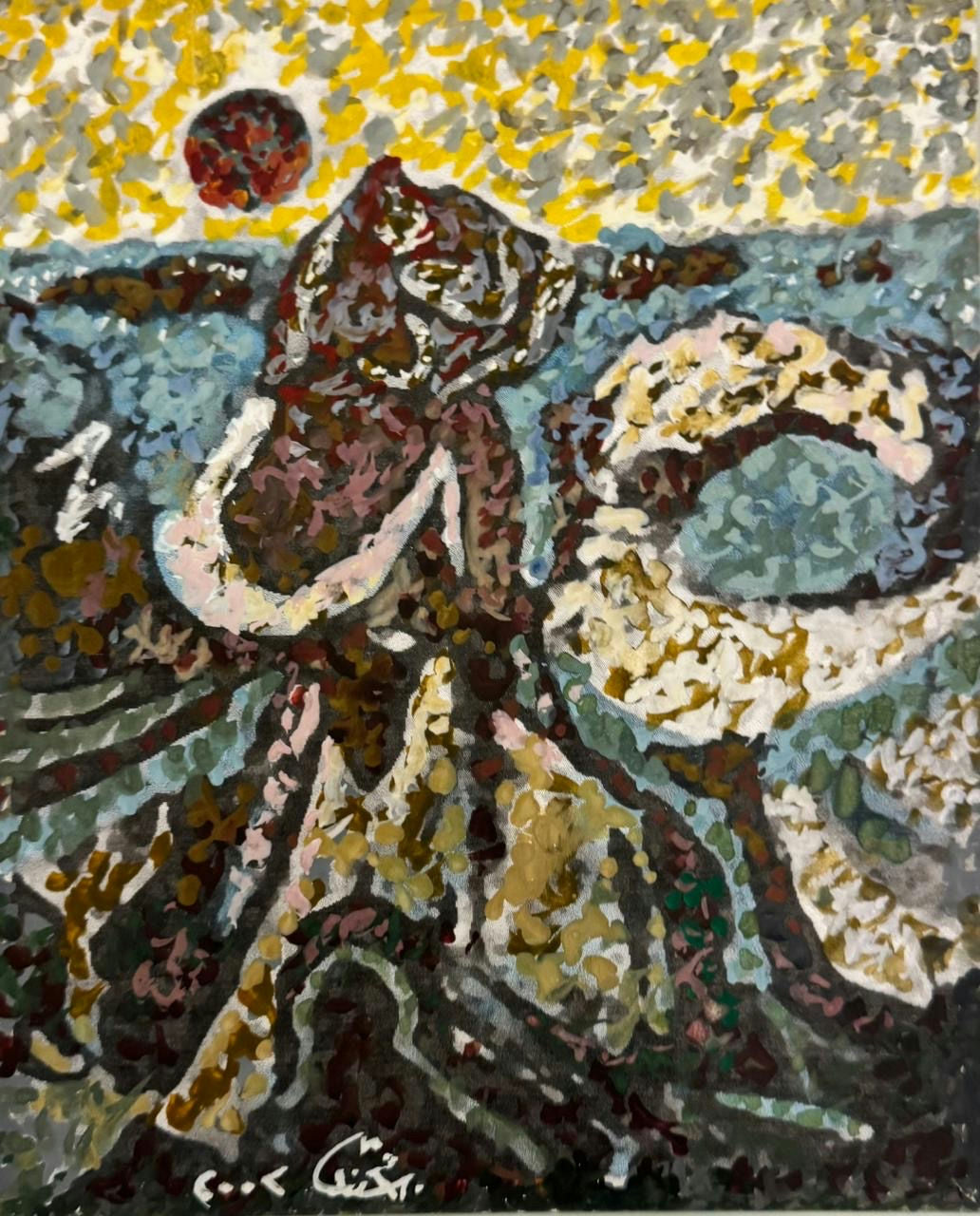 Original Watercolor 'Figure Under Sun with Twisted Trees' by Mohammad Bushnaq