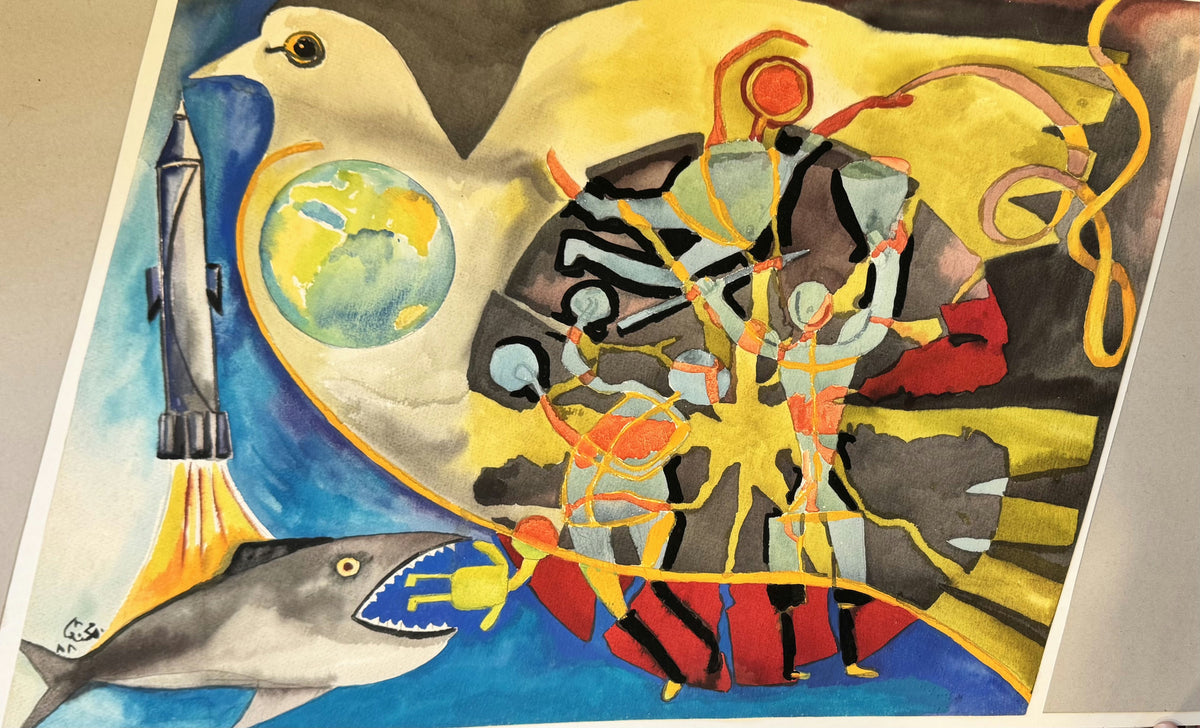 Original Mixed media 'Dove Globe Rocket Shark Figures' by Mohammad Bushnaq