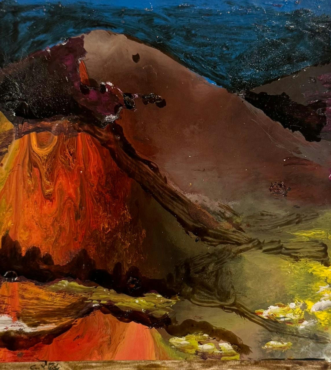 Original Watercolor 'Abstract Volcanic Landscape with Dark Hills' by Mohammad Bushnaq