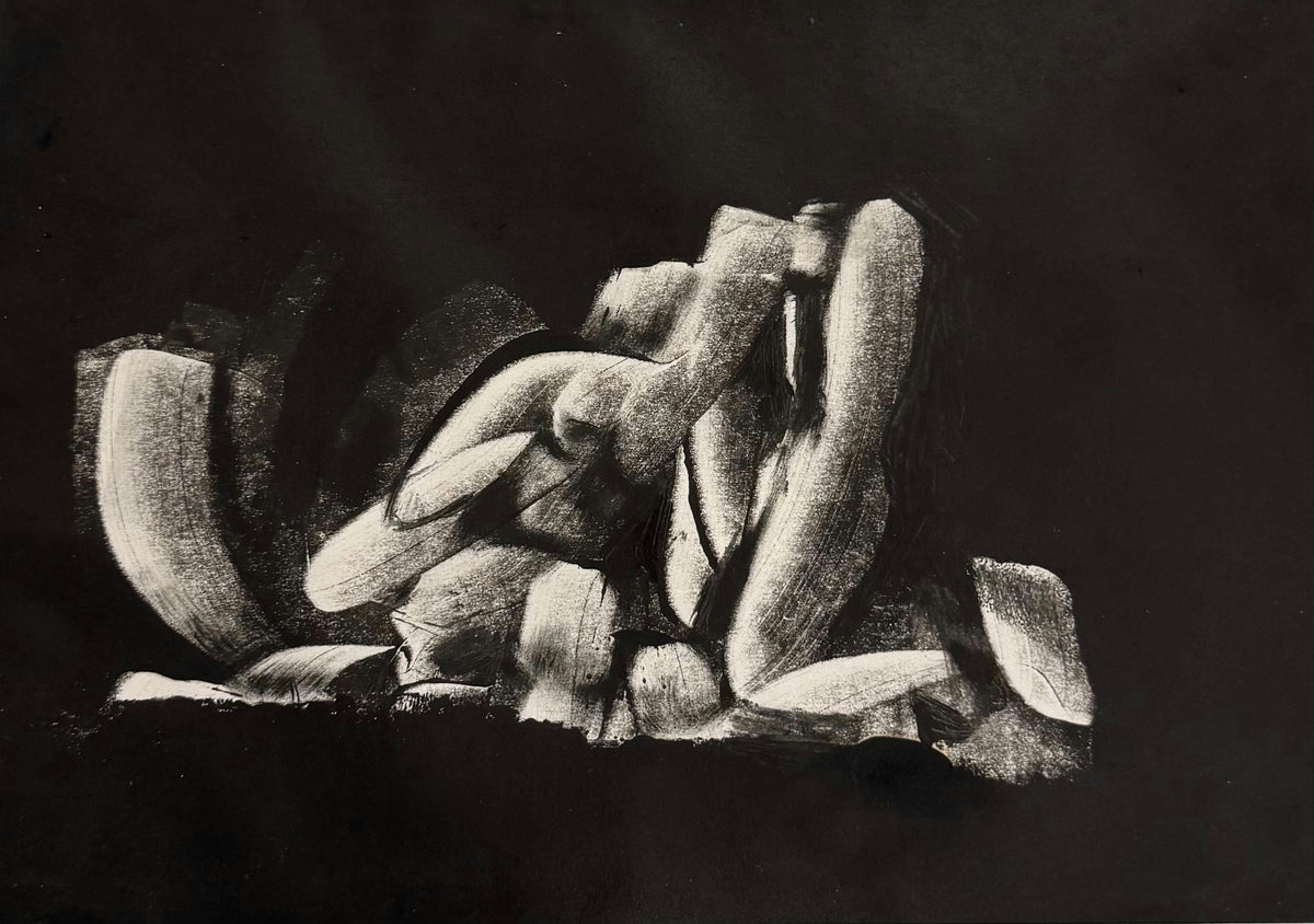 Original Mixed media 'Reclining Nude Figure on Dark Ground' by Mohammad Bushnaq