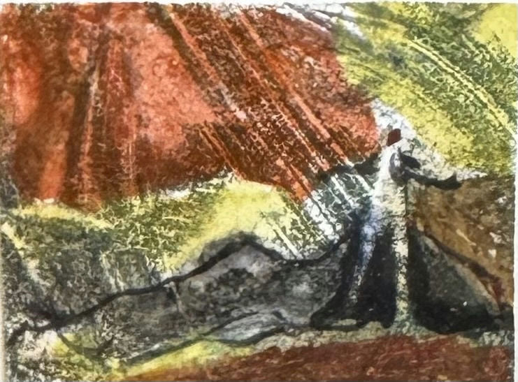 Original Mixed media 'Figure Standing Beside Rocky Landscape' by Mohammad Bushnaq
