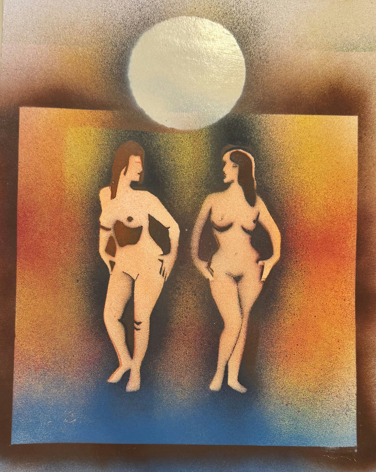 Original Mixed media 'Two Female Figures Under Moon' by Mohammad Bushnaq