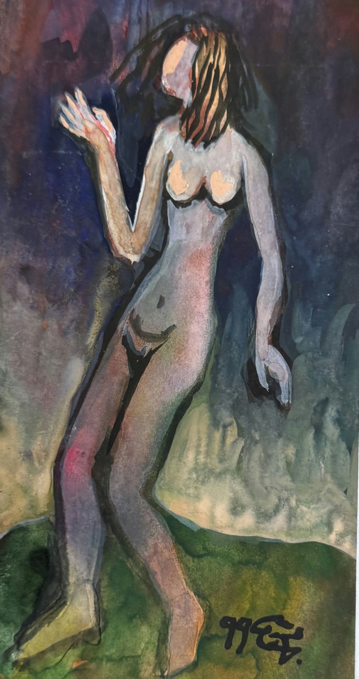 Original Mixed media 'Standing Nude Female Figure Dark Background' by Mohammad Bushnaq