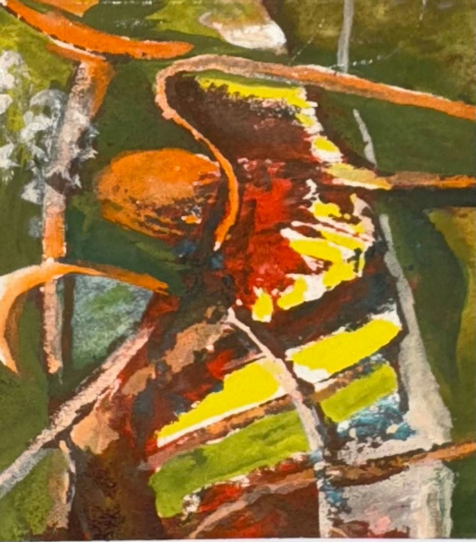 Original Mixed media 'Abstract Green Orange Red Composition' by Mohammad Bushnaq