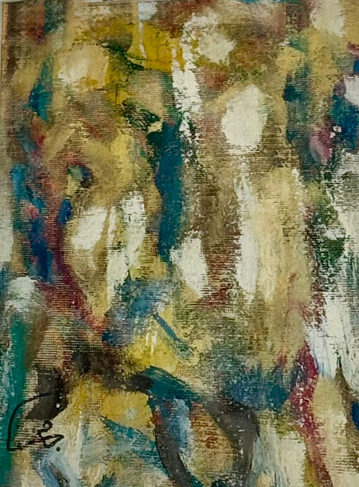 Original Oil 'Abstract Brushwork in Teal and Yellow' by Mohammad Bushnaq