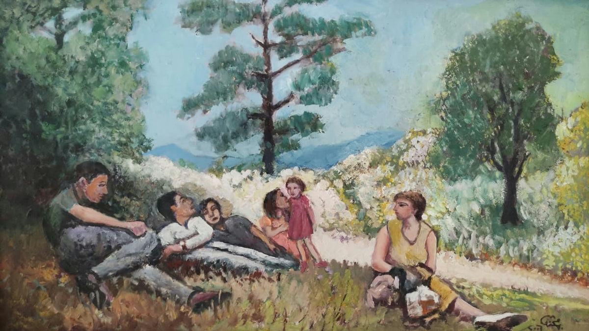 Original Oil 'Family Resting in Green Countryside' by Mohammad Bushnaq