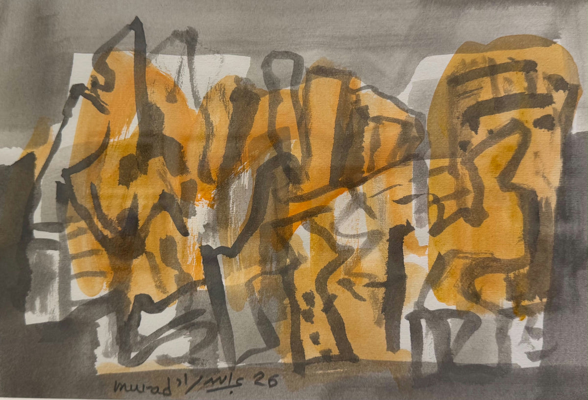 Original Watercolor 'Abstract Figures in Orange and Grey' by Abdullah Murad