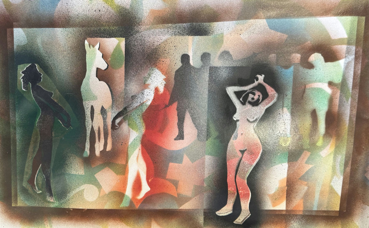 Original Watercolor 'Figures and Horse Silhouettes Abstract' by Mohammad Bushnaq