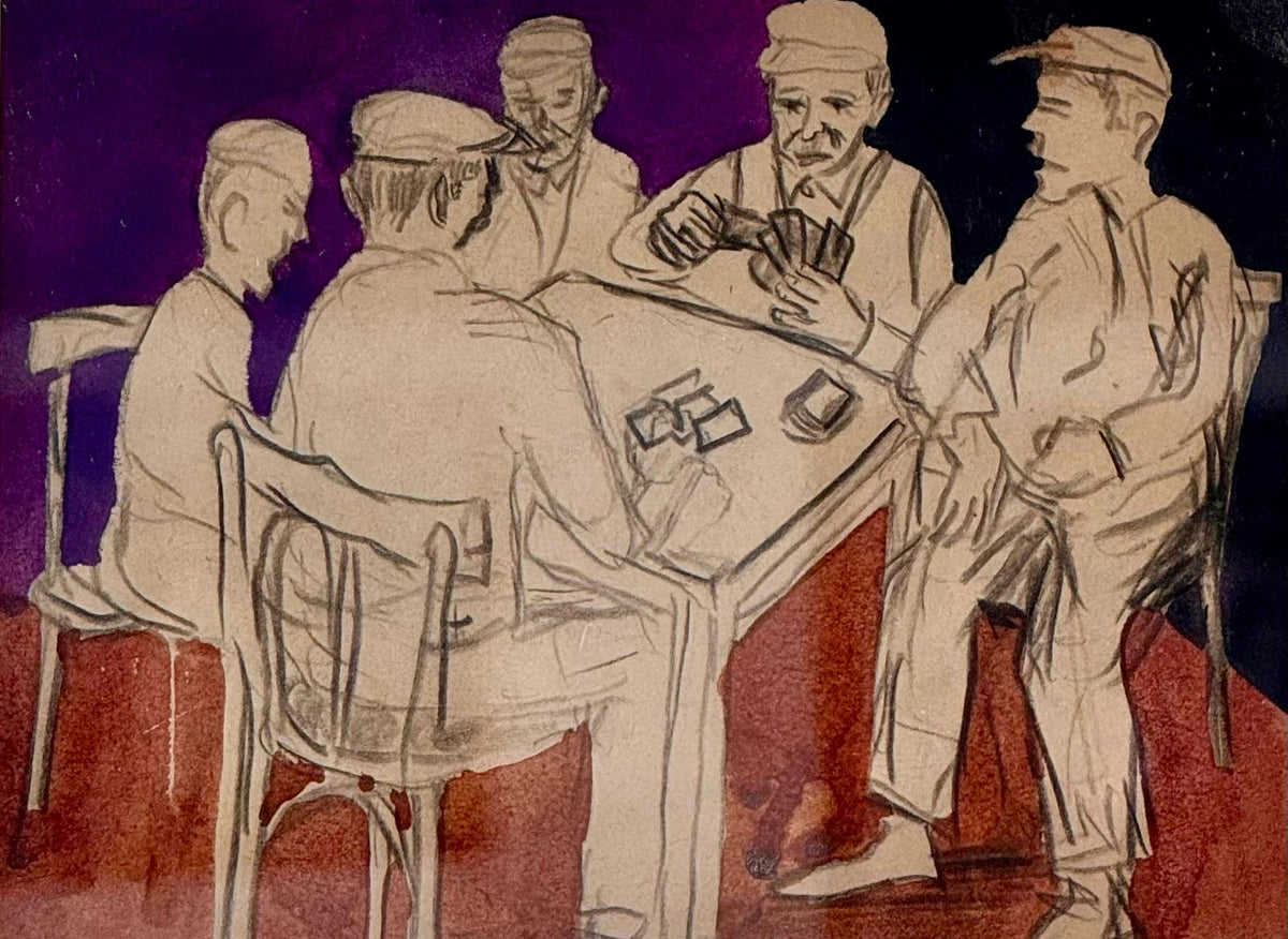 Original Ink & Pencil (Sketches) 'Five Men Playing Cards at Table' by Mohammad Bushnaq