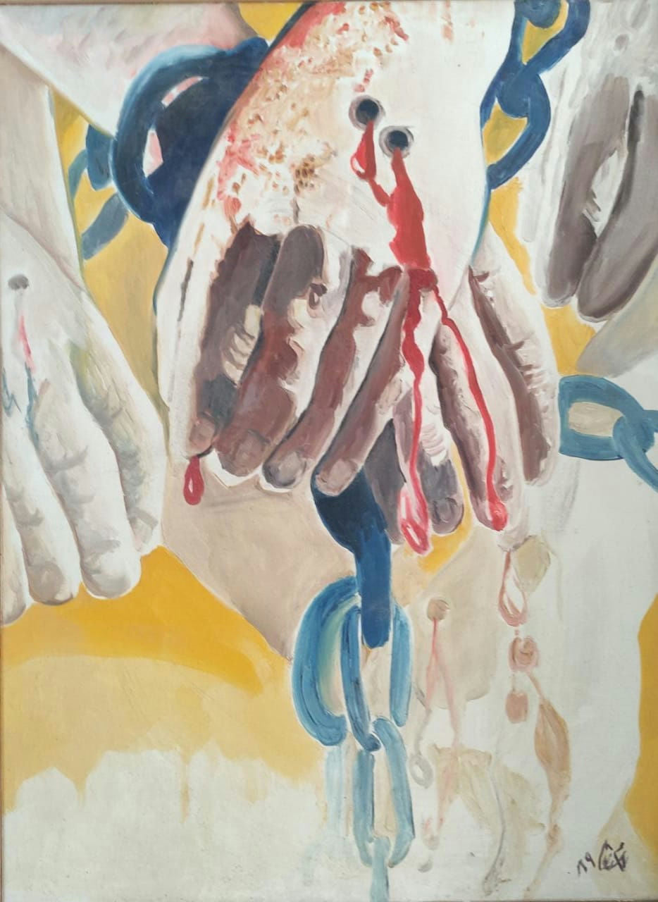 Original Oil 'Wounded Hands Bound by Chains' by Mohammad Bushnaq