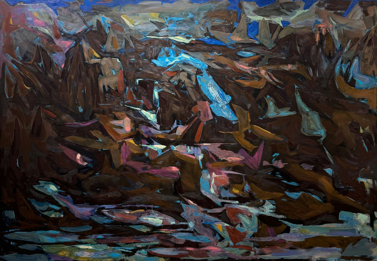 Original Mixed media 'Dark Abstract Landscape with Blue Accents' by Mhanny Yaoud