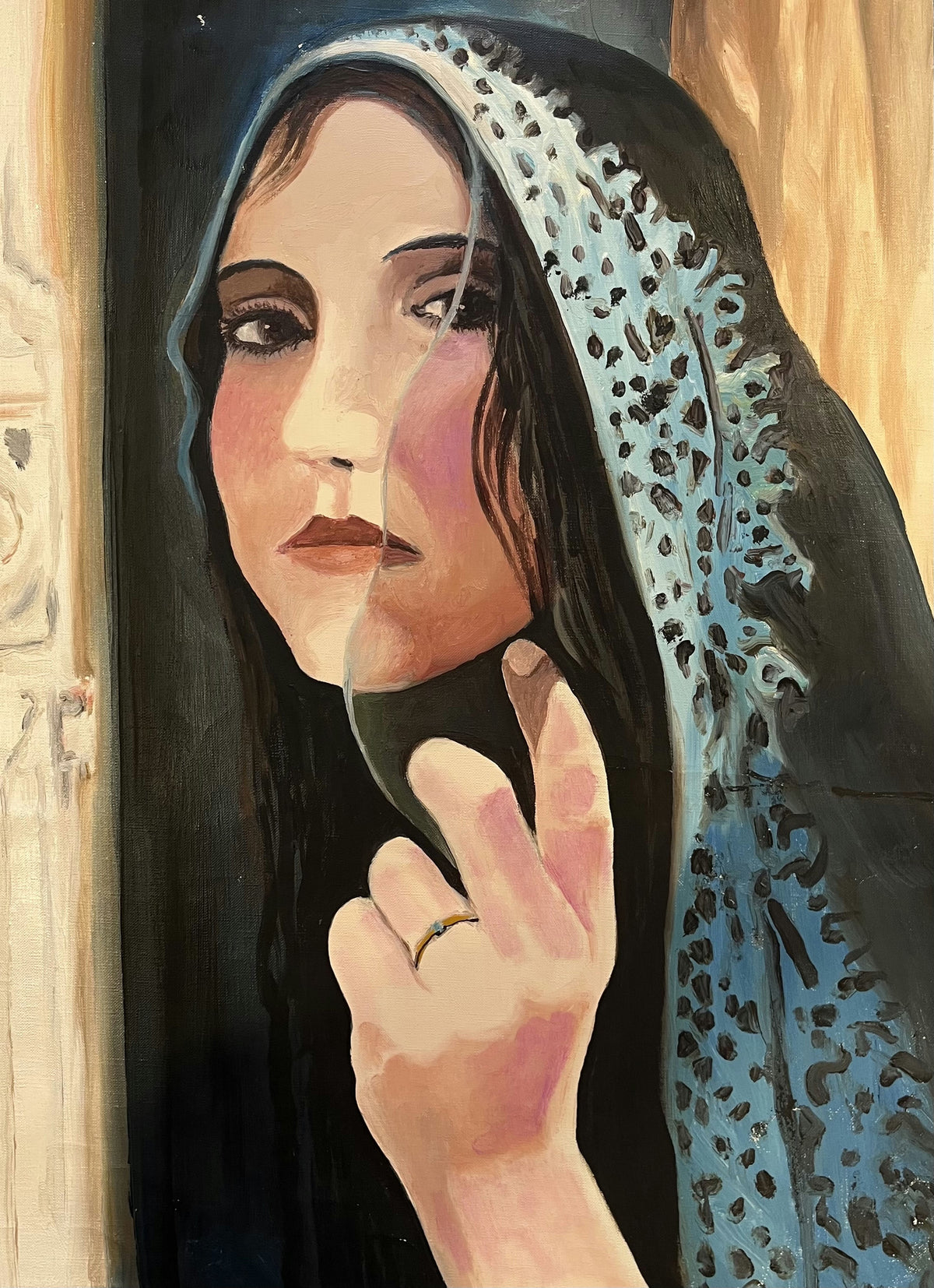 Original Mixed media 'Woman in Blue Lace Veil' by Mohammad Bushnaq