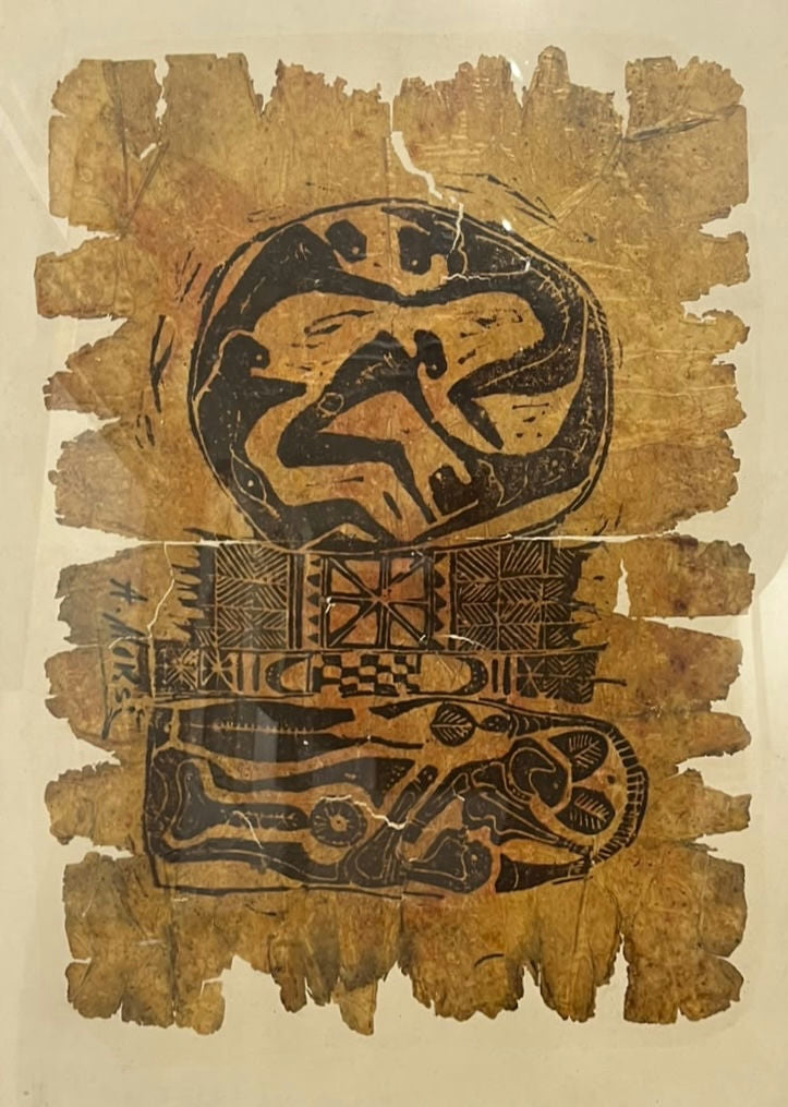 Original Mixed media 'Ancient Symbolic Figure on Aged Paper' by Abd Alwahab Moursi