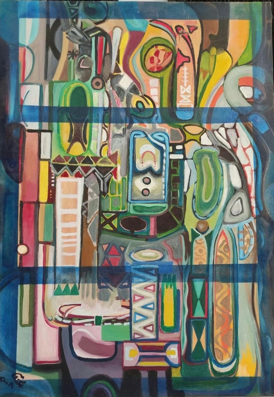 Original Oil 'Colorful Abstract Geometric Composition' by Mohammad Bushnaq