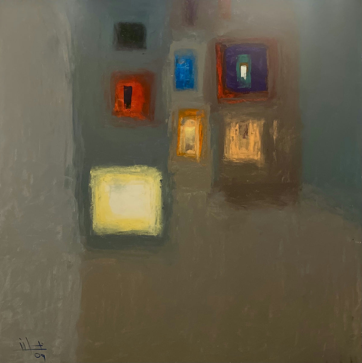 Original Acrylic 'Glowing Coloured Squares on Grey' by Ghassan Abulaban