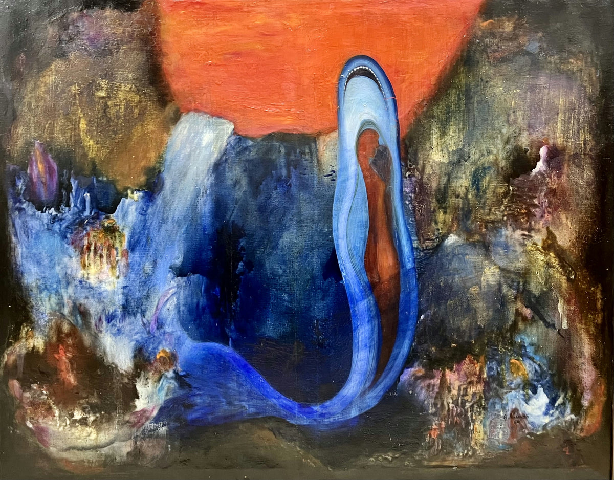 Original Oil 'Blue Form Rising Against Orange Sky' by Ahmad Nawash