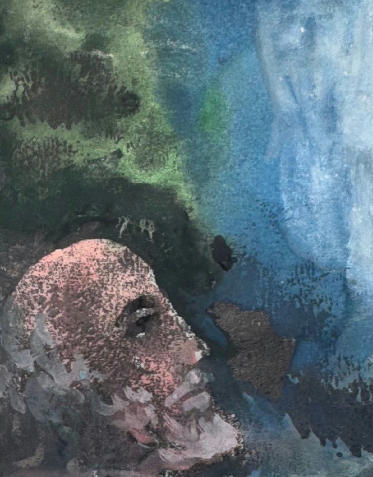 Original Mixed media 'Face Gazing Upward Against Blue Green' by Mohammad Bushnaq