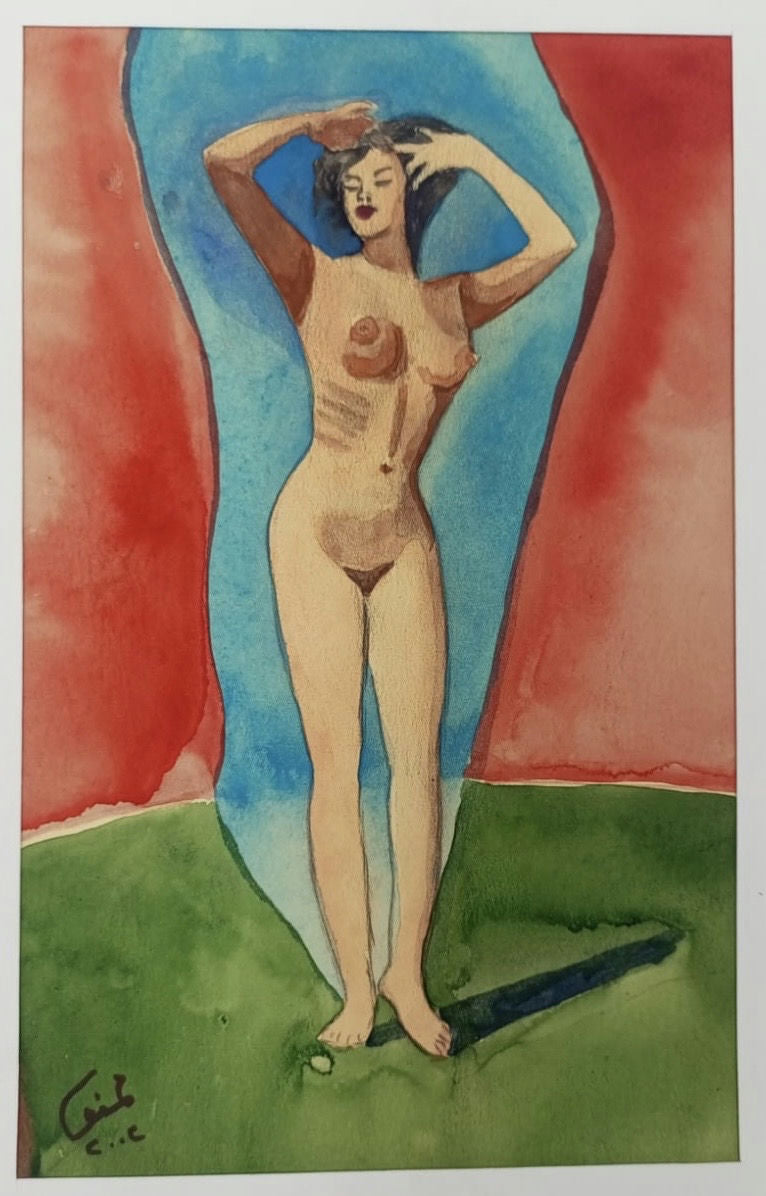 Original Watercolor 'Standing Nude Female Figure' by Mohammad Bushnaq