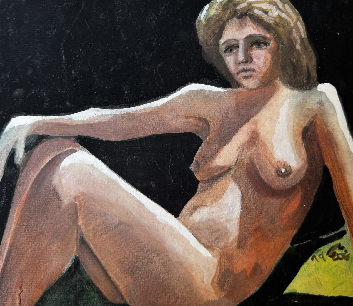 Original Mixed media 'Seated Nude Woman Dark Background' by Mohammad Bushnaq