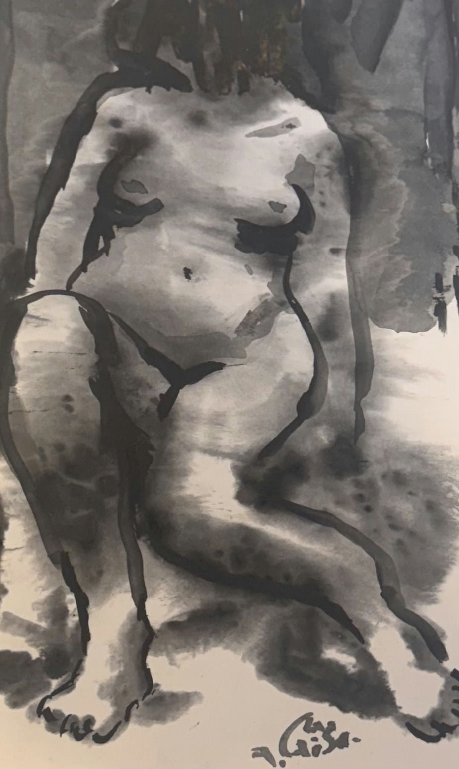 Original Watercolor 'Seated Nude Female Figure Study' by Mohammad Bushnaq