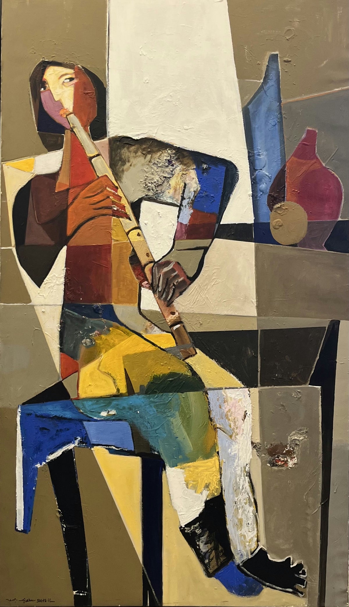 Original Acrylic 'Seated Musician Playing Flute' by Suheil Baddor