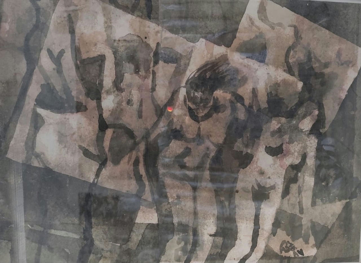 Original Watercolor 'Figures and Animals in Motion' by Mohammad Bushnaq