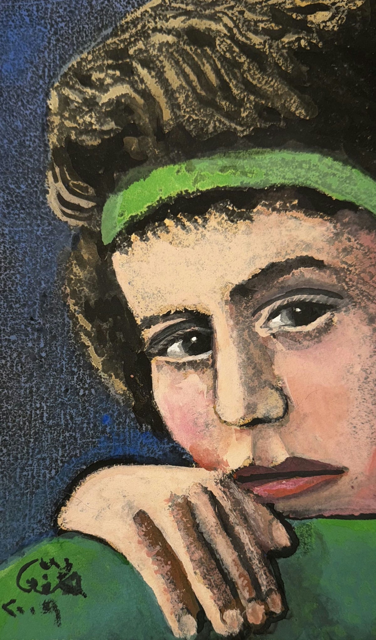 Original Mixed media 'Young Person with Green Headband' by Mohammad Bushnaq