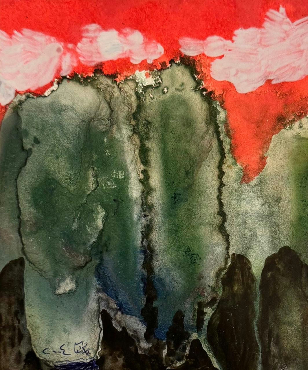Original Watercolor 'Red Sky Over Dark Landscape' by Mohammad Bushnaq