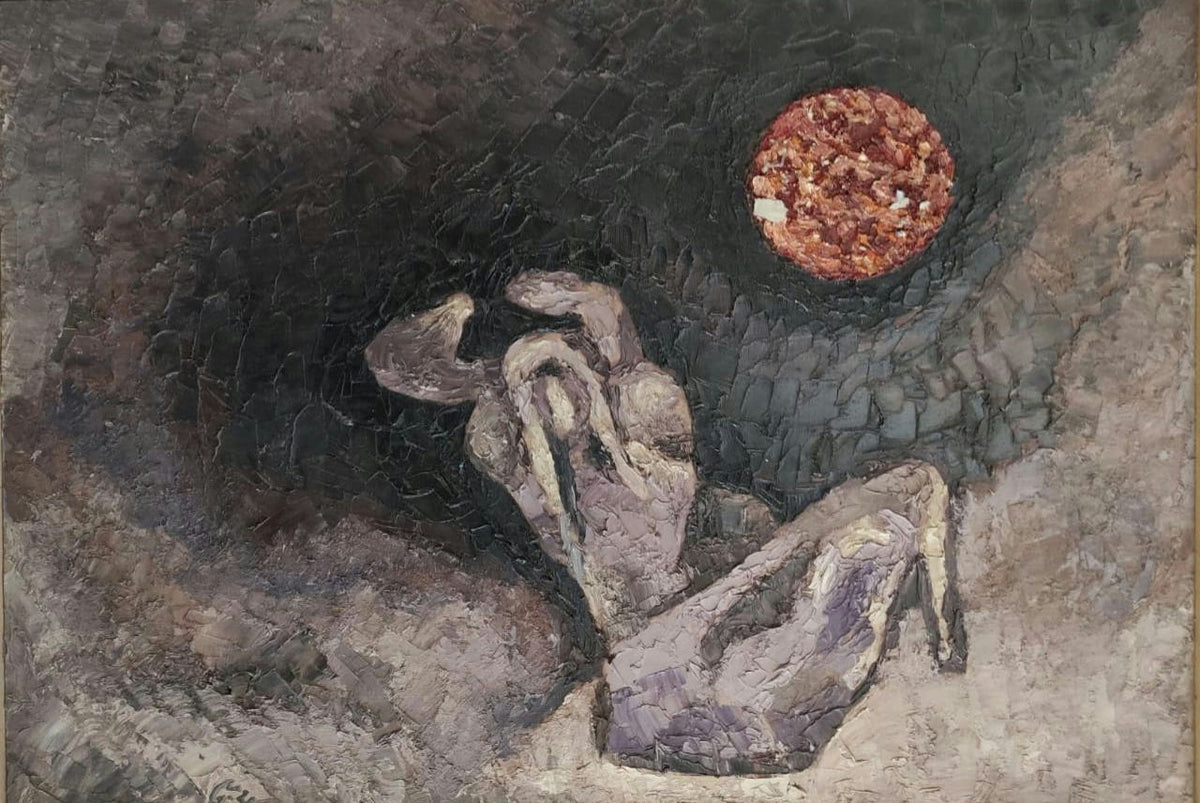 Original Oil 'Crouching Figure Under Red Moon' by Mohammad Bushnaq