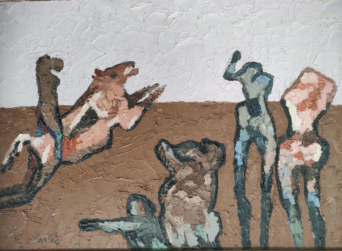 Original Acrylic 'Figures and Camels on Desert Ground' by Mohammad Bushnaq