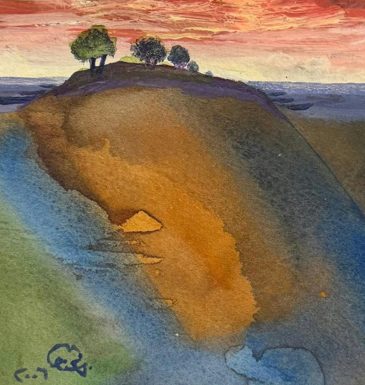 Original Watercolor 'Trees on Hill at Sunset' by Mohammad Bushnaq