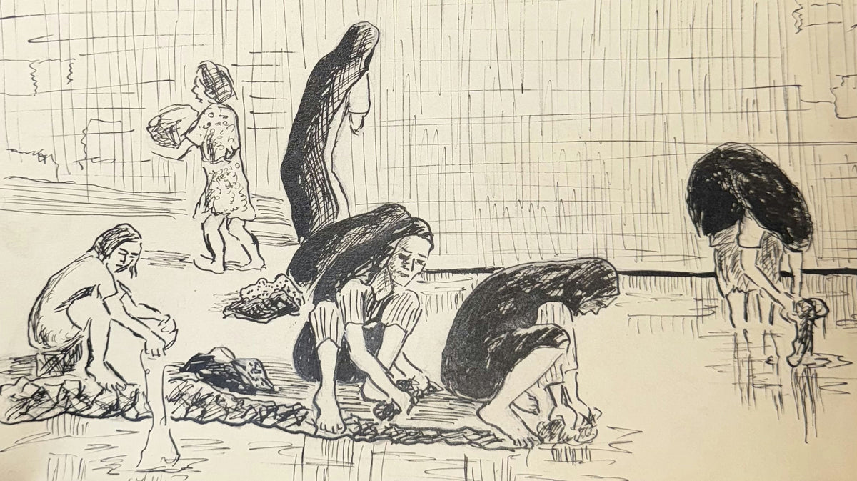 Original Mixed media 'Women Washing Clothes by Water' by Mohammad Bushnaq