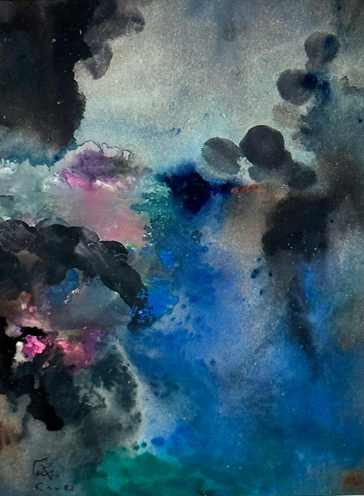 Original Watercolor 'Dark Clouds Over Blue Abstract Sky' by Mohammad Bushnaq