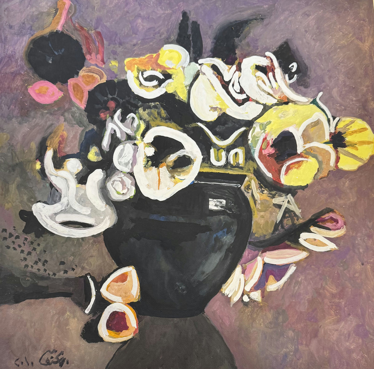 Original Mixed media 'Flowers in Black Vase' by Mohammad Bushnaq