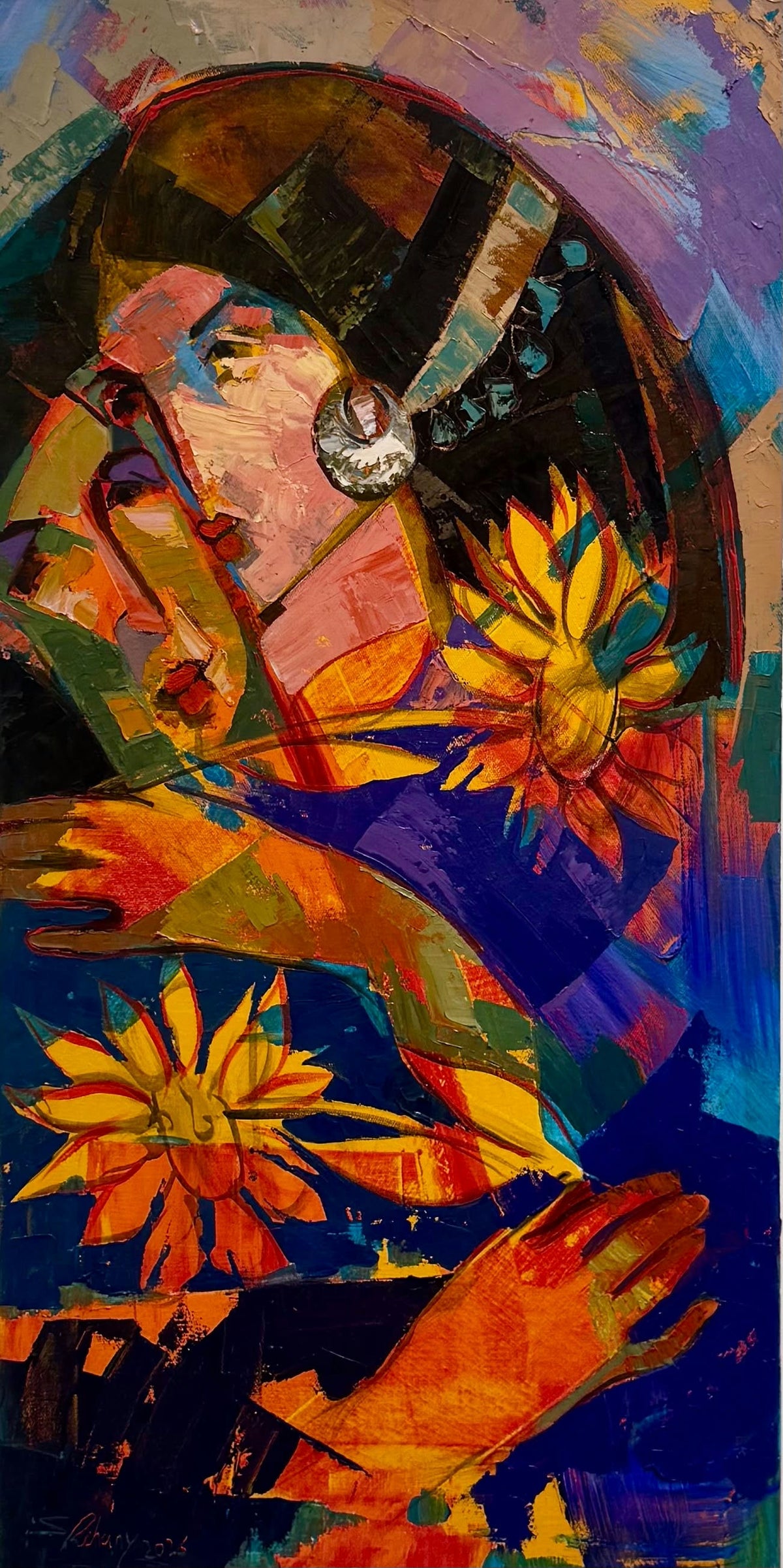 Original Mixed media 'Woman Holding Bright Flowers' by Eslam Alrihany
